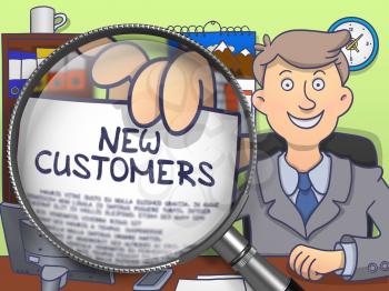 New Customers. Text on Paper in Businessman's Hand through Magnifying Glass. Multicolor Doodle Style Illustration.