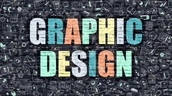 Graphic Design Concept. Modern Illustration. Multicolor Graphic Design Drawn on Dark Brick Wall. Doodle Icons. Doodle Style of Graphic Design Concept. Graphic Design on Wall.