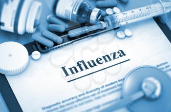Influenza, Medical Concept with Selective Focus. Influenza, Medical Concept with Pills, Injections and Syringe. 3D Render.