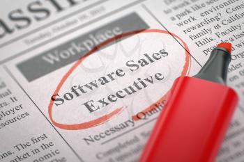 Software Sales Executive. Newspaper with the Small Ads of Job Search, Circled with a Red Highlighter. Blurred Image. Selective focus. Job Seeking Concept. 3D Illustration.