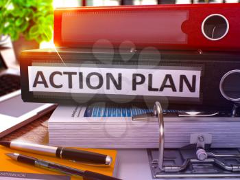 Black Office Folder with Inscription Action Plan on Office Desktop with Office Supplies and Modern Laptop. Action Plan Business Concept on Blurred Background. Action Plan - Toned Image. 3D.