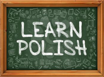 Learn Polish Concept. Modern Line Style Illustration. Learn Polish Handwritten on Green Chalkboard with Doodle Icons Around. Doodle Design Style of Learn Polish Concept.