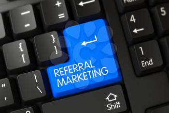 Key Referral Marketing on PC Keyboard. Referral Marketing Concept: Computer Keyboard with Referral Marketing, Selected Focus on Blue Enter Button. 3D Illustration.