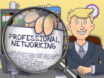 Man Showing a Paper with Text Professional Networking. Closeup View through Lens. Colored Doodle Style Illustration.