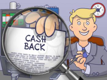 Business Man Sitting in Office and Showing Concept on Paper Cash Back. Closeup View through Lens. Multicolor Modern Line Illustration in Doodle Style.