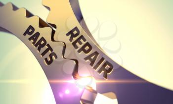 Repair Parts on Mechanism of Golden Cog Gears. Repair Parts on the Mechanism of Golden Cogwheels with Lens Flare. Repair Parts on Mechanism of Golden Cogwheels with Glow Effect. 3D Render.