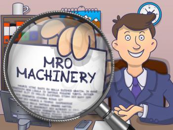 MRO Machinery. Text on Paper in Officeman's Hand through Magnifying Glass. Colored Doodle Illustration.