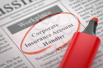 Corporate Insurance Account Handler - Jobs in Newspaper, Circled with a Red Marker. Blurred Image. Selective focus. Job Search Concept. 3D Illustration.