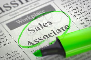 A Newspaper Column in the Classifieds with the Jobs Section Vacancy of Sales Associate, Circled with a Green Marker. Blurred Image with Selective focus. Job Search Concept. 3D Rendering.