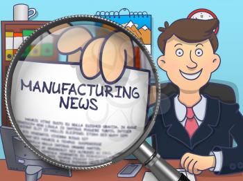 Officeman Showing Concept on Paper Manufacturing News. Closeup View through Magnifying Glass. Colored Doodle Illustration.