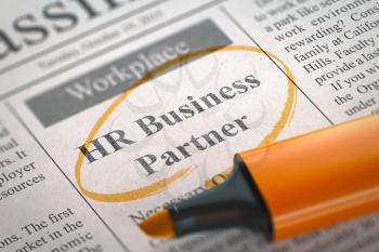 HR Business Partner. Newspaper with the Small Advertising, Circled with a Orange Highlighter. Blurred Image with Selective focus. Concept of Recruitment. 3D.