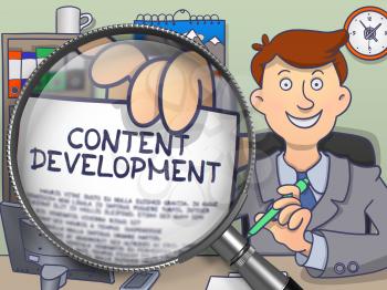 Content Development on Paper in Business Man's Hand to Illustrate a Business Concept. Closeup View through Magnifying Glass. Multicolor Modern Line Illustration in Doodle Style.