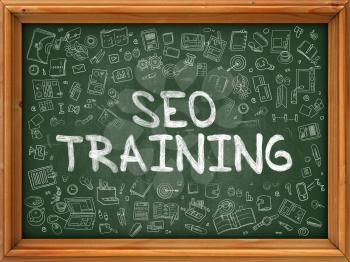 SEO - Search Engine Optimization - Training Concept. Modern Line Style Illustration. SEO Training Handwritten on Green Chalkboard with Doodle Icons Around. Doodle Design Style of SEO Training Concept.