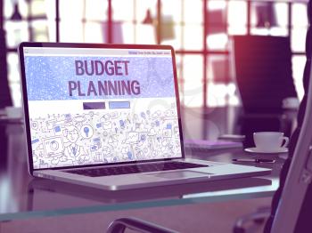 Budget Planning Concept Closeup on Landing Page of Laptop Screen in Modern Office Workplace. Toned Image with Selective Focus. 3D Render.