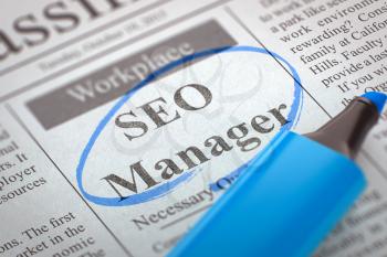 SEO Manager - Vacancy in Newspaper, Circled with a Blue Marker. Blurred Image. Selective focus. Job Search Concept. 3D.