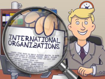 International Organizations on Paper in Business Man's Hand through Magnifying Glass to Illustrate a Business Concept. Colored Modern Line Illustration in Doodle Style.