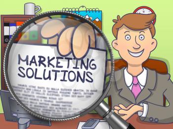 Marketing Solutions on Paper in Man's Hand through Magnifier to Illustrate a Business Concept. Colored Modern Line Illustration in Doodle Style.