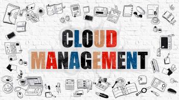 Cloud Management. Multicolor Inscription on White Brick Wall with Doodle Icons Around. Modern Style Illustration with Doodle Design Icons. Cloud Management on White Brickwall Background.