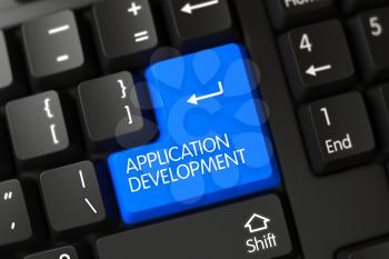 Application Development Concept: Modern Keyboard with Application Development on Blue Enter Button Background, Selected Focus. Key Application Development on Modern Keyboard. 3D Illustration.