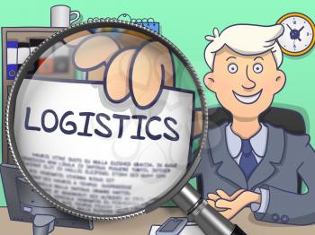 Logistics on Paper in Man's Hand to Illustrate a Business Concept. Closeup View through Lens. Colored Doodle Illustration.