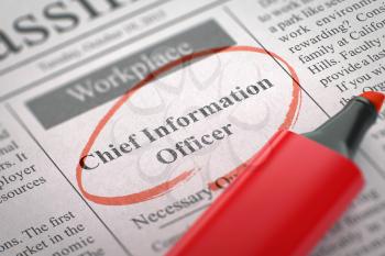 Chief Information Officer - Advertisements and Classifieds Ads for Vacancy in Newspaper, Circled with a Red Highlighter. Blurred Image with Selective focus. Job Seeking Concept. 3D Render.