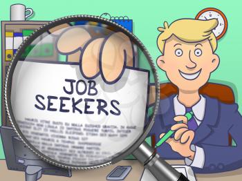 Job Seekers. Cheerful Officeman in Office Shows Paper with Text through Magnifying Glass. Colored Doodle Illustration.