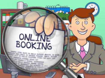 Online Booking. Cheerful Businessman Sitting in Office and Showing a Paper with Concept through Lens. Multicolor Doodle Illustration.