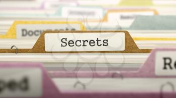 Secrets Concept on File Label in Multicolor Card Index. Closeup View. Selective Focus. 3D Render. 