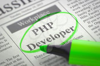 A Newspaper Column in the Classifieds with the Jobs of PHP Developer, Circled with a Green Marker. Blurred Image with Selective focus. Job Search Concept. 3D Render.