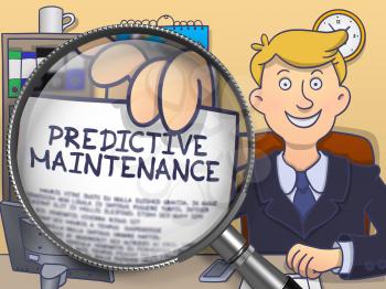 Predictive Maintenance on Paper in Businessman's Hand to Illustrate a Business Concept. Closeup View through Lens. Colored Doodle Illustration.
