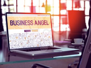 Business Angel Concept. Closeup Landing Page on Laptop Screen in Doodle Design Style. On Background of Comfortable Working Place in Modern Office. Blurred, Toned Image. 3D Render.