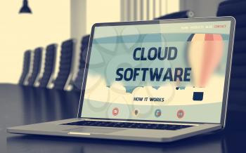Cloud Software - Landing Page with Inscription on Laptop Screen on Background of Comfortable Conference Hall in Modern Office. Closeup View. Toned Image. Selective Focus. 3D Illustration.