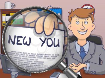 Man in Suit Shows Paper with Inscription New You through Magnifying Glass. Closeup View. Multicolor Doodle Illustration.