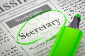 Secretary - Small Ads of Job Search in Newspaper, Circled with a Green Marker. Blurred Image. Selective focus. Job Seeking Concept. 3D Illustration.