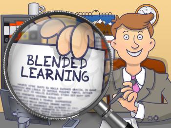 Blended Learning through Magnifier. Business Man Showing a Text on Paper. Closeup View. Colored Modern Line Illustration in Doodle Style.
