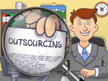 Outsourcing on Paper in Business Man's Hand through Magnifying Glass to Illustrate a Business Concept. Colored Modern Line Illustration in Doodle Style.