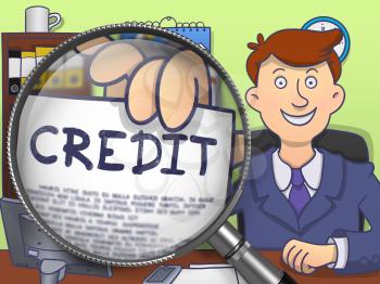 Credit through Lens. Business Man Sitting in Office and Holding Concept on Paper. Colored Doodle Illustration.