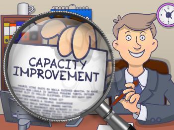 Businessman in Suit Holds Out Paper with Capacity Improvement Concept through Magnifier. Closeup View. Colored Modern Line Illustration in Doodle Style.