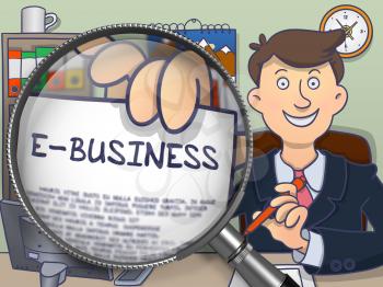 E-Business.  Man in Office Workplace Showing Paper with Text through Magnifying Glass. Multicolor Modern Line Illustration in Doodle Style.