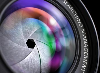 SLR Camera Lens with Bright Colored Flares. Searching Management Concept. Searching Management - Text on Black Digital Camera Lens with Pink and Orange Light of Reflection. Closeup View. 3D.