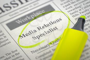 Newspaper with Jobs Media Relations Specialist. Blurred Image. Selective focus. Job Search Concept. 3D.