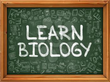 Learn Biology Concept. Line Style Illustration. Learn Biology Handwritten on Green Chalkboard with Doodle Icons Around. Doodle Design Style of  Learn Biology.
