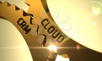 Cloud CRM - Technical Design. Cloud CRM on Mechanism of Golden Cogwheels with Lens Flare. Cloud CRM - Concept. Cloud CRM - Illustration with Glowing Light Effect. 3D.