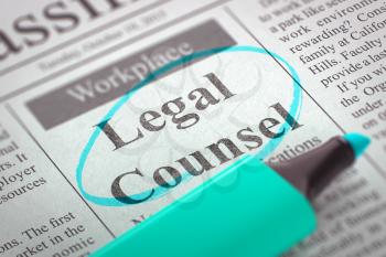 Legal Counsel - Small Ads of Job Search in Newspaper, Circled with a Azure Marker. Blurred Image with Selective focus. Concept of Recruitment. 3D.