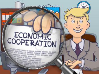 Economic Cooperation through Magnifying Glass. Businessman Welcomes in Office and Holding Paper with Text. Colored Modern Line Illustration in Doodle Style.