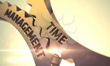 Golden Cog Gears with Time Management Concept. Time Management - Illustration with Lens Flare. Time Management - Concept. Time Management - Technical Design. 3D Render.
