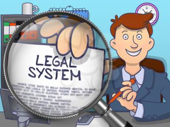 Legal System through Magnifier. Businessman Sitting in Office and Holding Paper with Inscription. Multicolor Doodle Illustration.