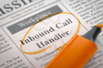 Inbound Call Handler. Newspaper with the Small Advertising, Circled with a Orange Marker. Blurred Image. Selective focus. Job Search Concept. 3D Illustration.