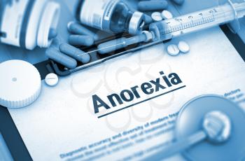Anorexia, Medical Concept with Selective Focus. Anorexia, Medical Concept with Pills, Injections and Syringe. Anorexia - Printed Diagnosis with Blurred Text. 3D.