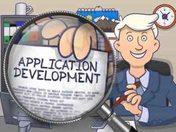 Application Development on Paper in Business Man's Hand through Magnifier to Illustrate a Business Concept. Colored Doodle Illustration.
